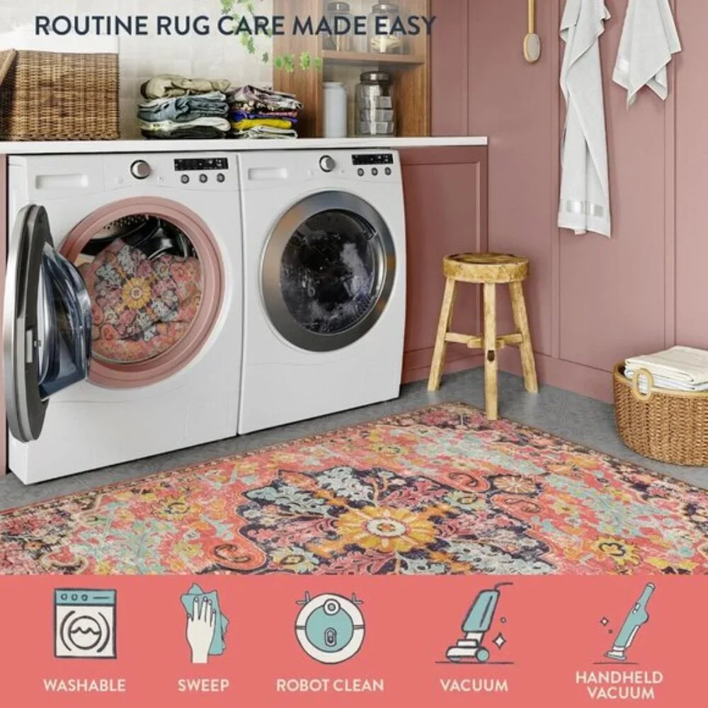New 4Ft Hot Pink Round Rug, Floral Washable Carpet for Any Indoor Space